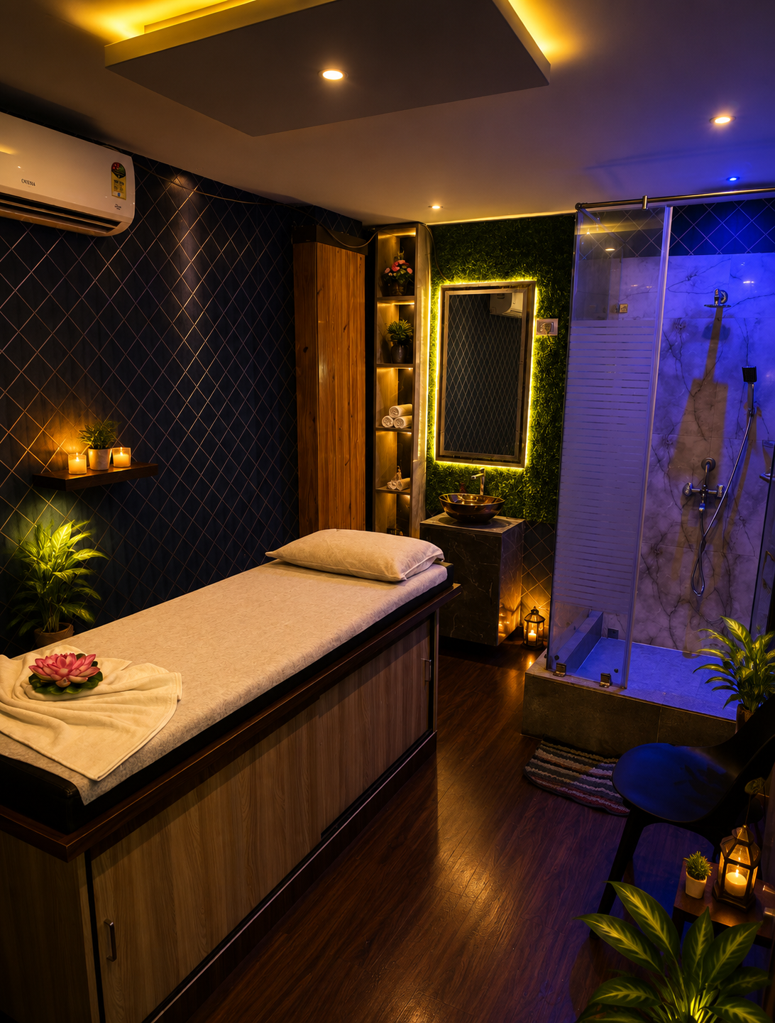 Private aqua-lit suites
